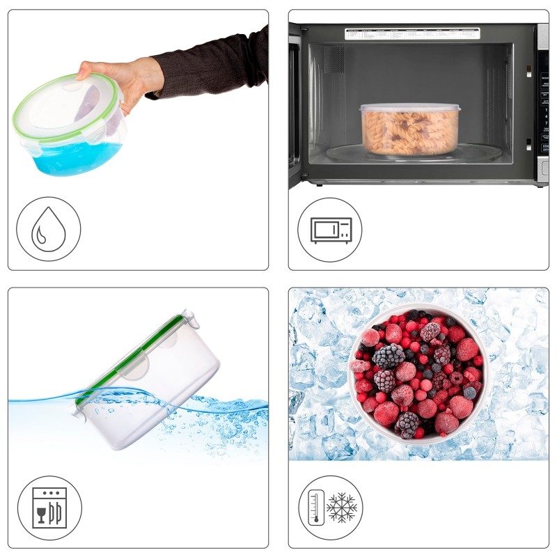 12-delni set vsebuje 6 okroglih posod različnih velikosti iz najkakovostnejše plastike. Pokrovi z zapiranjem "clip lock" hrani zagotavljajo neprepustno tesnjenje, hrana v posodah bo dlje časa ostala sveža in okusna. Vsestranska uporaba omogoča, da hrano v posodah segrejete v mikrovalovni pečici, jo shranite v hladilnik ali zamrzovalnik ter odnesete s sabo v šolo, službo ali na potovanje. Enostavno čiščenje pod tekočo vodo ali v pomivalnem stroju.