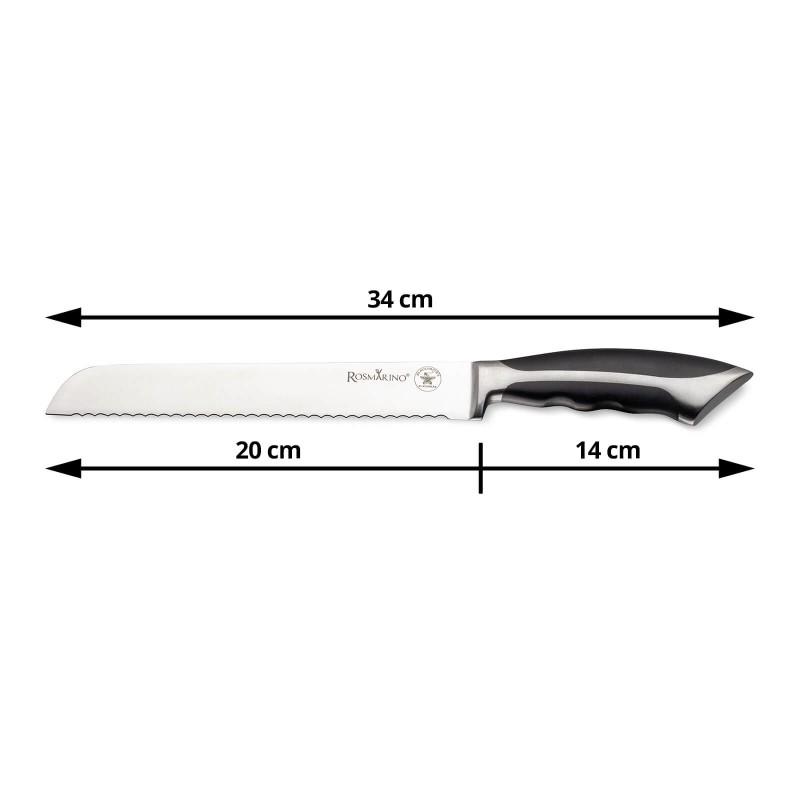 Popoln kuhinjski nož Rosmarino Blacksmith's za vse kuharske mojstre ali začetnike! Nož je s svojo obliko in ostrim, nazobčanim rezilom idealen za rezanje kruha. Rezilo je izdelano iz nerjavečega jekla nemške kakovosti, trpežen ročaj pa je iz brizgane visokokakovostne ABS plastike, kar omogoča maksimalne obremenitve. Profesionalna ostrina vam bo v veliko pomoč, da bodo rezine kruha natančno in enakomerno narezane. Prednost noža je obojestransko ročno ostreno rezilo, pod kotom 15° za dolgotrajno ostrino in vzdržljivost. Nož je enostaven za čiščenje pod tekočo vodo z malo detergenta.